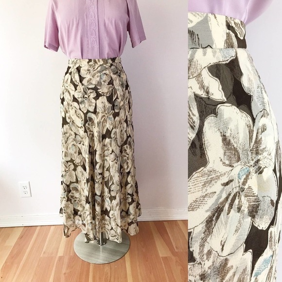 Vintage Brown Floral Midi Skirt Swishy Vintage Neutral Silk Plus Size - Picture 1 of 8